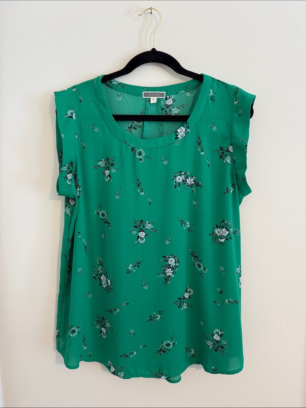 Pleione Emerald Green Floral Cap-Sleeve Blouse // L